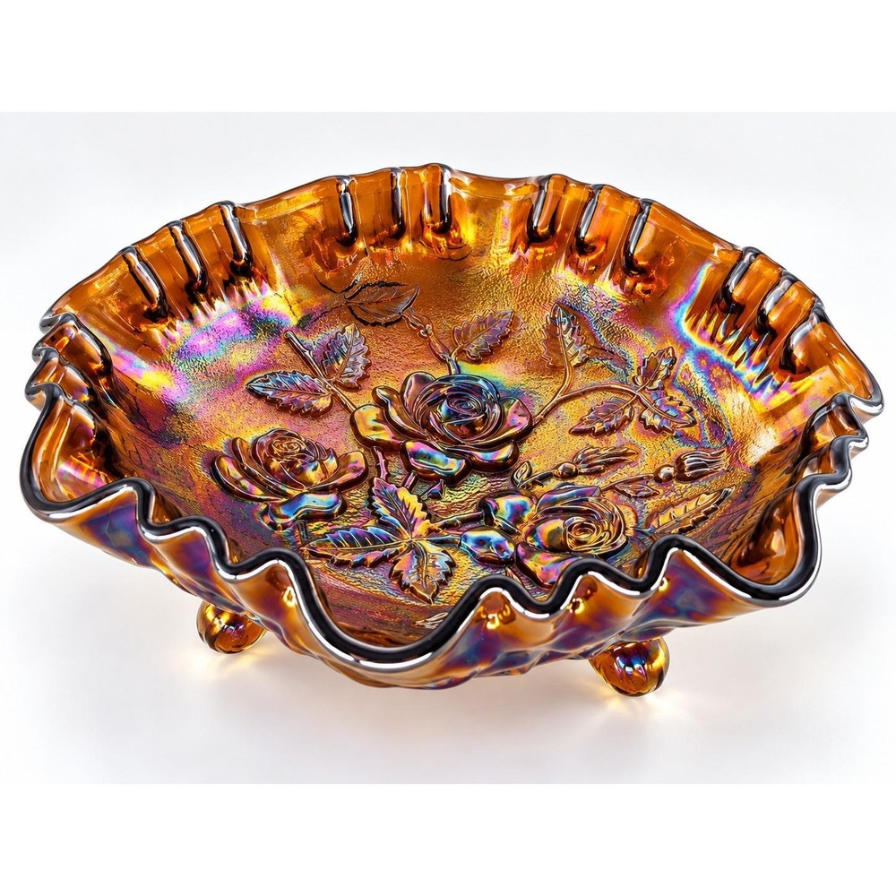 Vintage Imperial Lustre Rose Carnival Glass Bowl Old Gold 3 Footed Ruffled 8.25"